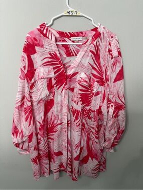 Women’s Calvin Klein 3X Pink Tropical Leaf Blouse Roll Tab Sleeve Plus Size